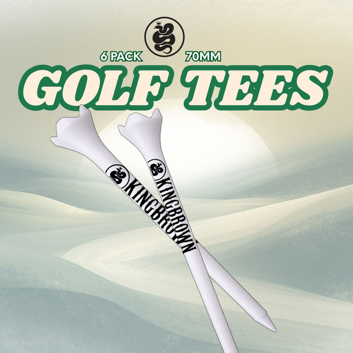 Two golf tees with 'King Brown' branding on a light green background with text indicating '6 Pack 70MM Golf Tees'.